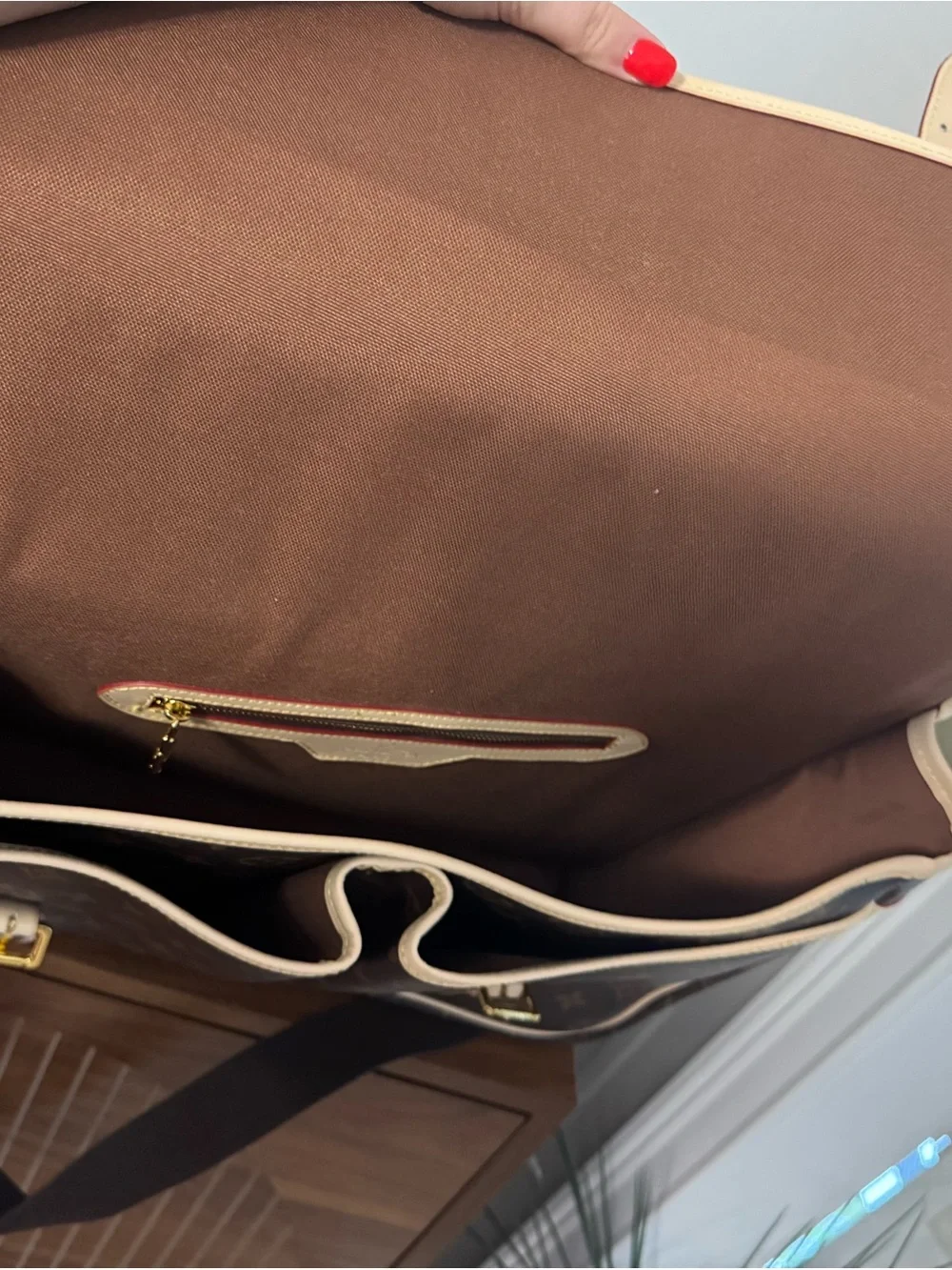 Elegant Luxury Monogram Canvas Satchel Bag with Cream Trim and Long Strap